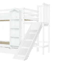 Lit superposé enfant 90x200 cm avec escalier de rangement et toboggan - bibliothèque illustrée - 2 tiroirs - blanc (sans matelas)