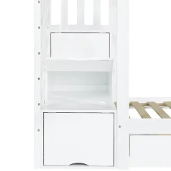 Lit superposé enfant 90x200 cm avec escalier de rangement et toboggan - bibliothèque illustrée - 2 tiroirs - blanc (sans matelas)