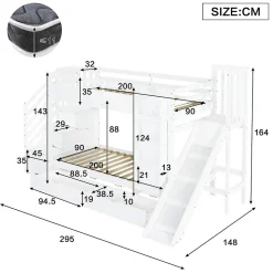 Lit superposé enfant 90x200 cm avec escalier de rangement et toboggan - bibliothèque illustrée - 2 tiroirs - blanc (sans matelas)