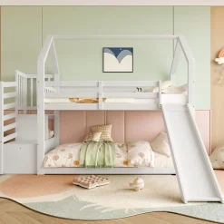 Lit Superposé Enfant 90x200 cm - Lit avec Toboggan et Escalier de Rangement - Cadre Bois MDF - Sans Matelas - Blanc