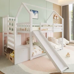 Lit Superposé Enfant 90x200 cm - Lit avec Toboggan et Escalier de Rangement - Cadre Bois MDF - Sans Matelas - Blanc