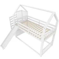 Lit Superposé Enfant 90x200 cm - Lit avec Toboggan et Escalier de Rangement - Cadre Bois MDF - Sans Matelas - Blanc