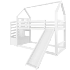 Lit Superposé Enfant 90x200 cm - Lit avec Toboggan et Escalier de Rangement - Cadre Bois MDF - Sans Matelas - Blanc