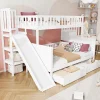 Lit superposé enfant 90x200/140x200 cm en bois massif avec toboggan, escaliers sécurisés, 2 grands tiroirs et sommier, blanc