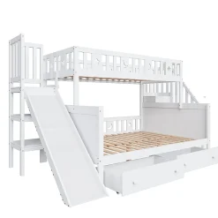 Lit superposé enfant 90x200/140x200 cm en bois massif avec toboggan, escaliers sécurisés, 2 grands tiroirs et sommier, blanc