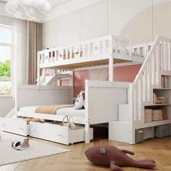 Lit superposé enfant 90x200/140x200 cm en bois massif avec toboggan, escaliers sécurisés, 2 grands tiroirs et sommier, blanc