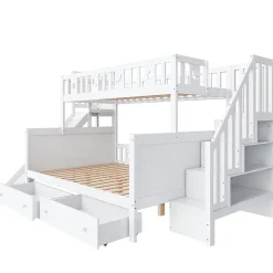Lit superposé enfant 90x200/140x200 cm en bois massif avec toboggan, escaliers sécurisés, 2 grands tiroirs et sommier, blanc