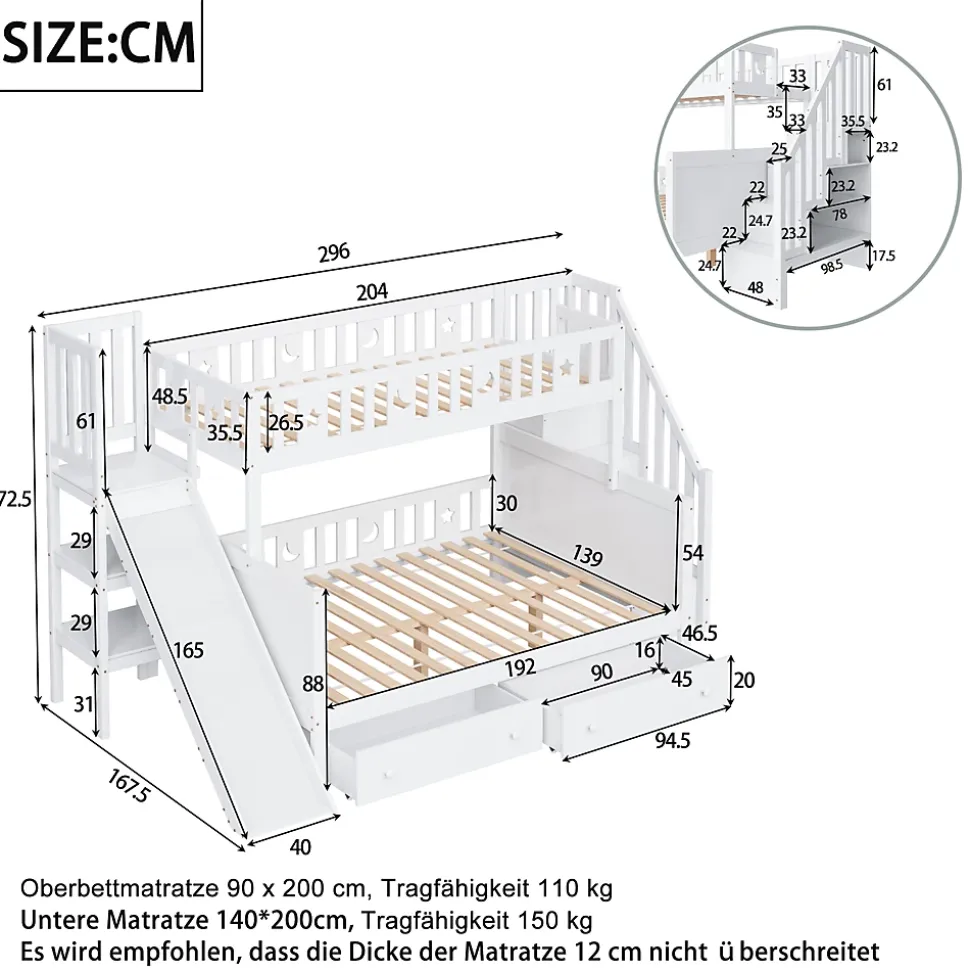 Lit superposé enfant 90x200/140x200 cm en bois massif avec toboggan, escaliers sécurisés, 2 grands tiroirs et sommier, blanc