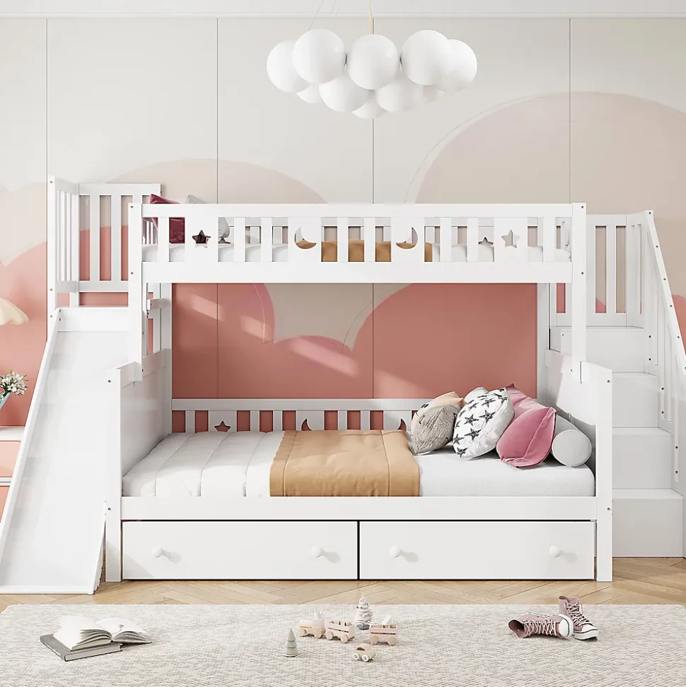 Lit superposé enfant 90x200/140x200 cm en bois massif avec toboggan, escaliers sécurisés, 2 grands tiroirs et sommier, blanc