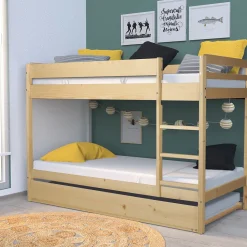 Lit superposé et 1 lit tiroir 90x190 WILL Bois naturel incl. Sommier