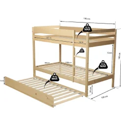 Lit superposé et 1 lit tiroir 90x190 WILL Bois naturel incl. Sommier