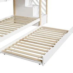 Lit superposé extensible avec échelle 3 tiroirs, sécurité, cadre bois, naturel,blanc