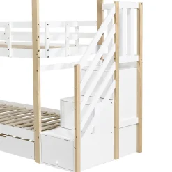 Lit superposé extensible avec échelle 3 tiroirs, sécurité, cadre bois, naturel,blanc