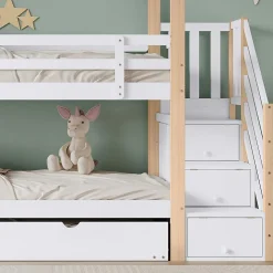 Lit superposé extensible avec échelle 3 tiroirs, sécurité, cadre bois, naturel,blanc