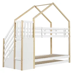 Lit superposé extensible avec échelle 3 tiroirs, sécurité, cadre bois, naturel,blanc