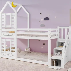 Lit superposé lit enfant bois blanc escalier avec rangement 90x200cm
