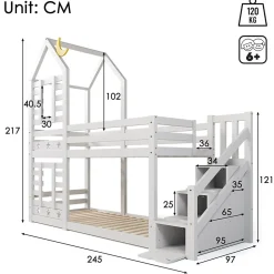Lit superposé lit enfant bois blanc escalier avec rangement 90x200cm