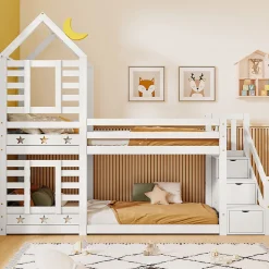 Lit superposé lit enfant bois blanc escalier avec rangement 90x200cm