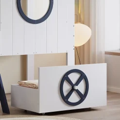 Lit superposé mi-haut toit fenêtre tiroir roulettes échelle inclinée 2 marches pin MDF contreplaqué blanc bleu 90x200