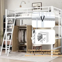 Lit superposé métal, avec bureau, armoire, rangement, escalier incliné 4 marches, métal panneau blanc naturel, 90x200cm
