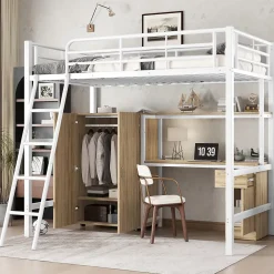 Lit superposé métal, avec bureau, armoire, rangement, escalier incliné 4 marches, métal panneau blanc naturel, 90x200cm