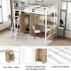 Lit superposé métal, avec bureau, armoire, rangement, escalier incliné 4 marches, métal panneau blanc naturel, 90x200cm