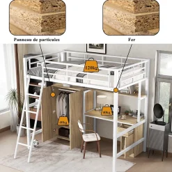 Lit superposé métal, avec bureau, armoire, rangement, escalier incliné 4 marches, métal panneau blanc naturel, 90x200cm