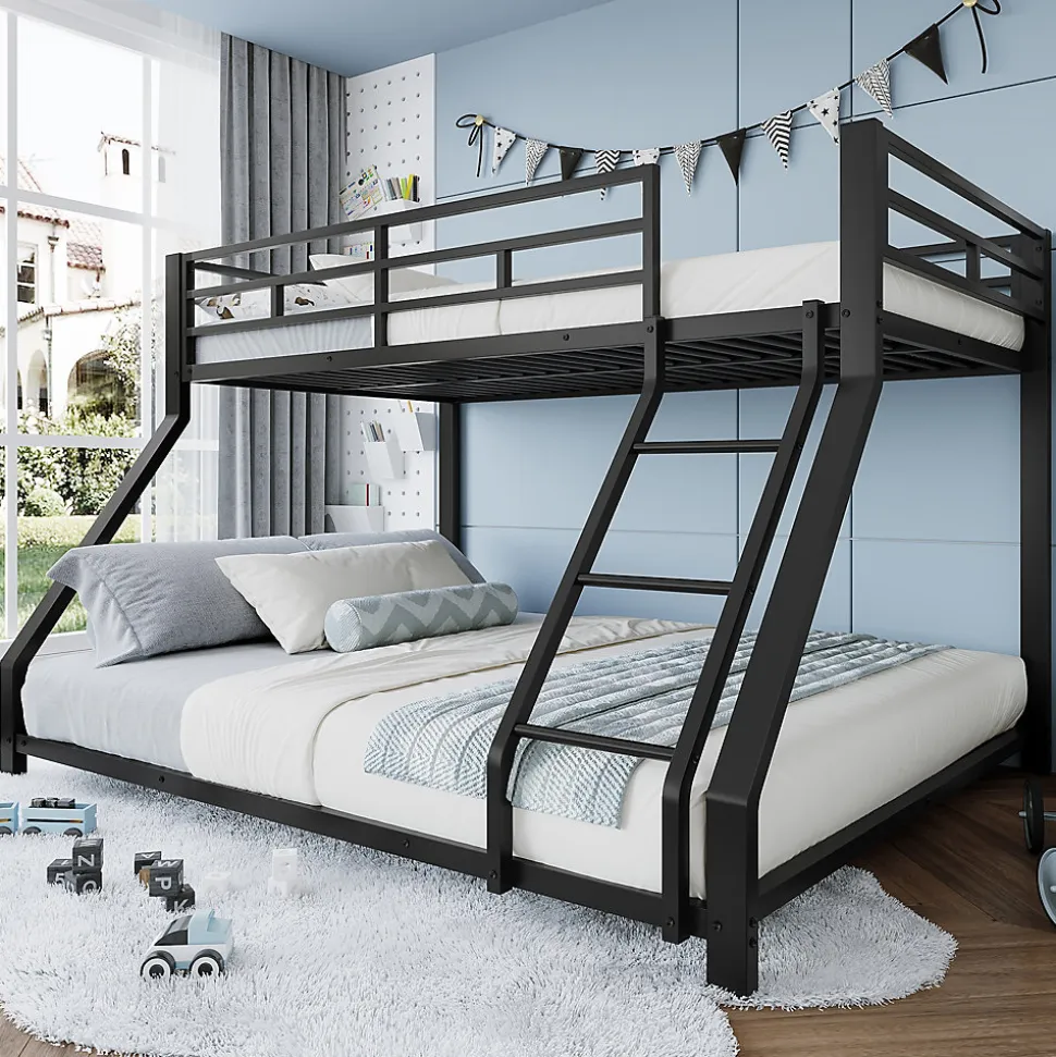 Lit Superposé Métal 90x200 et 140x200 cm, Lit Double enfant/Ado avec Échelle et Barrières de Sécurité - Sans Matelas - Noir