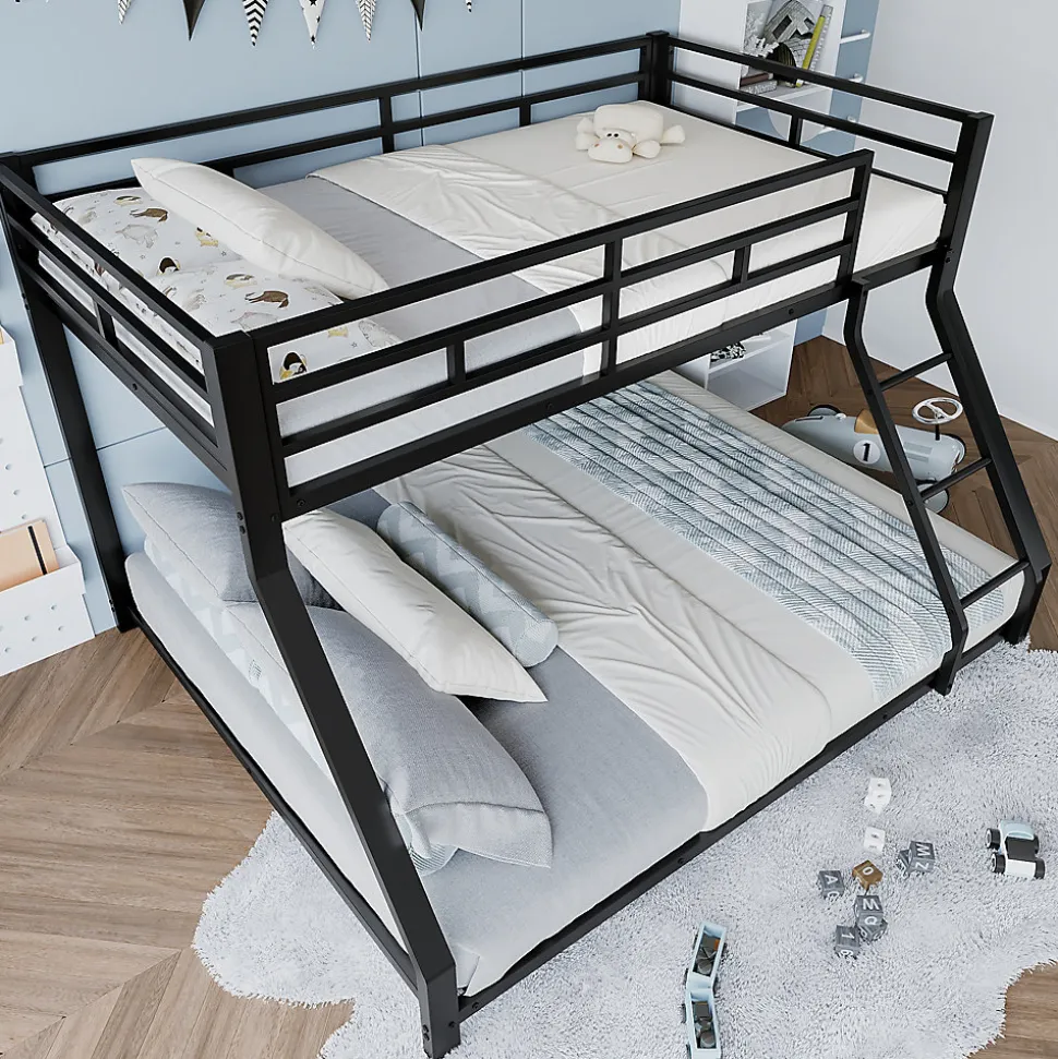 Lit Superposé Métal 90x200 et 140x200 cm, Lit Double enfant/Ado avec Échelle et Barrières de Sécurité - Sans Matelas - Noir