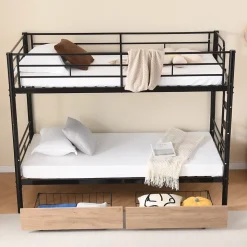Lit superposé métal 90x200cm pour 2 enfants avec 2 tiroirs, garde-corps, convertible, noir