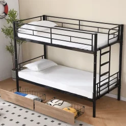 Lit superposé métal 90x200cm pour 2 enfants avec 2 tiroirs, garde-corps, convertible, noir