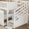 Lit superposé multifonction, avec protection, bureau, armoire, casiers, 2 casiers dans escalier, pin MDF, blanc, 90x200cm