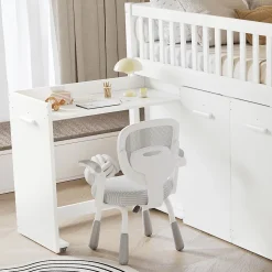 Lit superposé multifonction, avec protection, bureau, armoire, casiers, 2 casiers dans escalier, pin MDF, blanc, 90x200cm