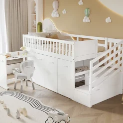 Lit superposé multifonction, avec protection, bureau, armoire, casiers, 2 casiers dans escalier, pin MDF, blanc, 90x200cm