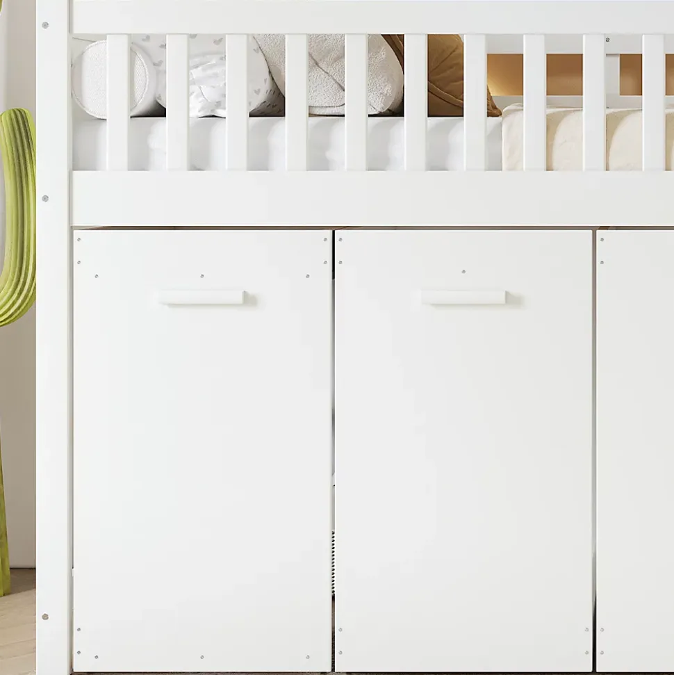 Lit superposé multifonction, avec protection, bureau, armoire, casiers, 2 casiers dans escalier, pin MDF, blanc, 90x200cm