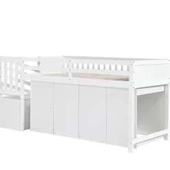 Lit superposé multifonction, avec protection, bureau, armoire, casiers, 2 casiers dans escalier, pin MDF, blanc, 90x200cm