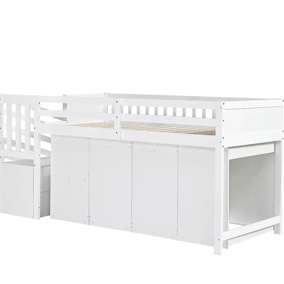 Lit superposé multifonction, avec protection, bureau, armoire, casiers, 2 casiers dans escalier, pin MDF, blanc, 90x200cm