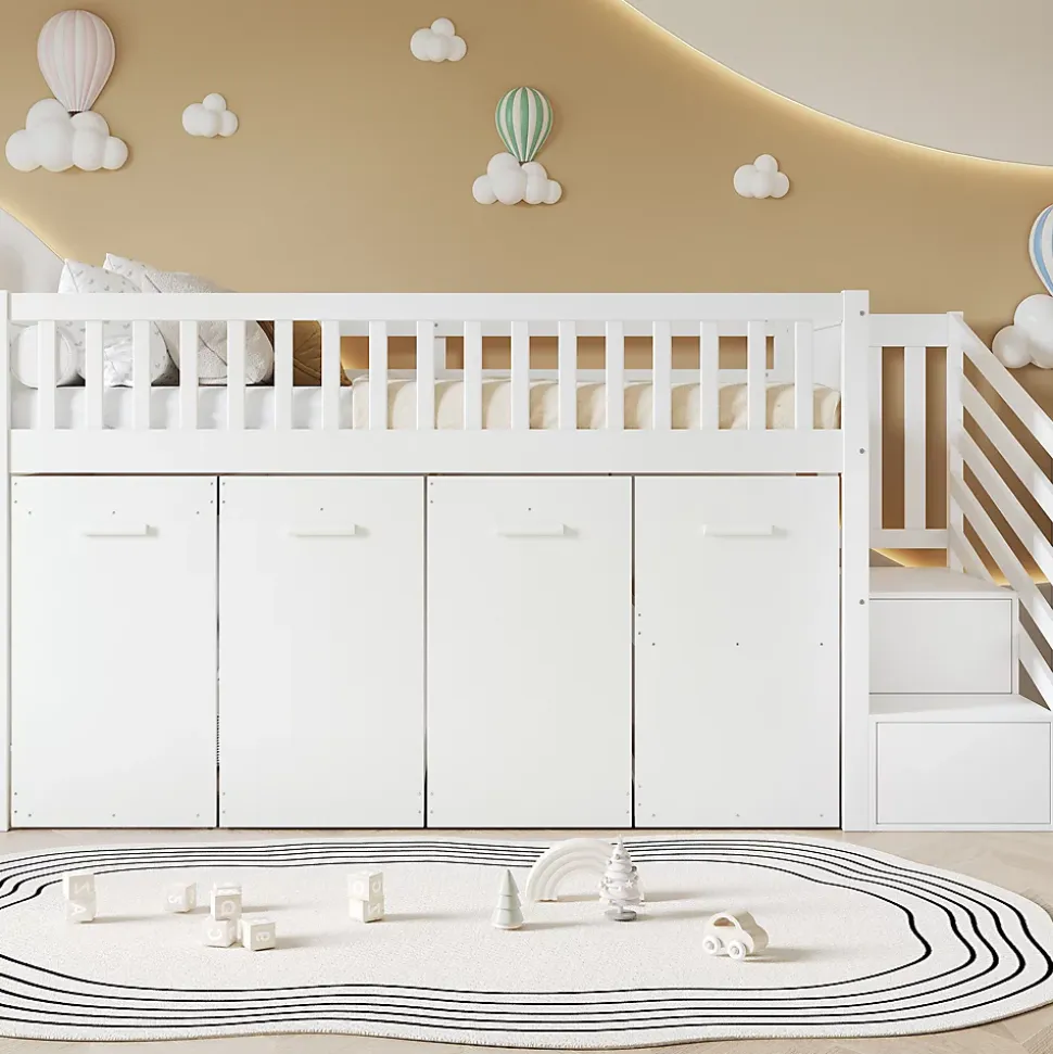 Lit superposé multifonction avec bureau armoire 2 casiers échelle garde-corps pin MDF blanc 90x200