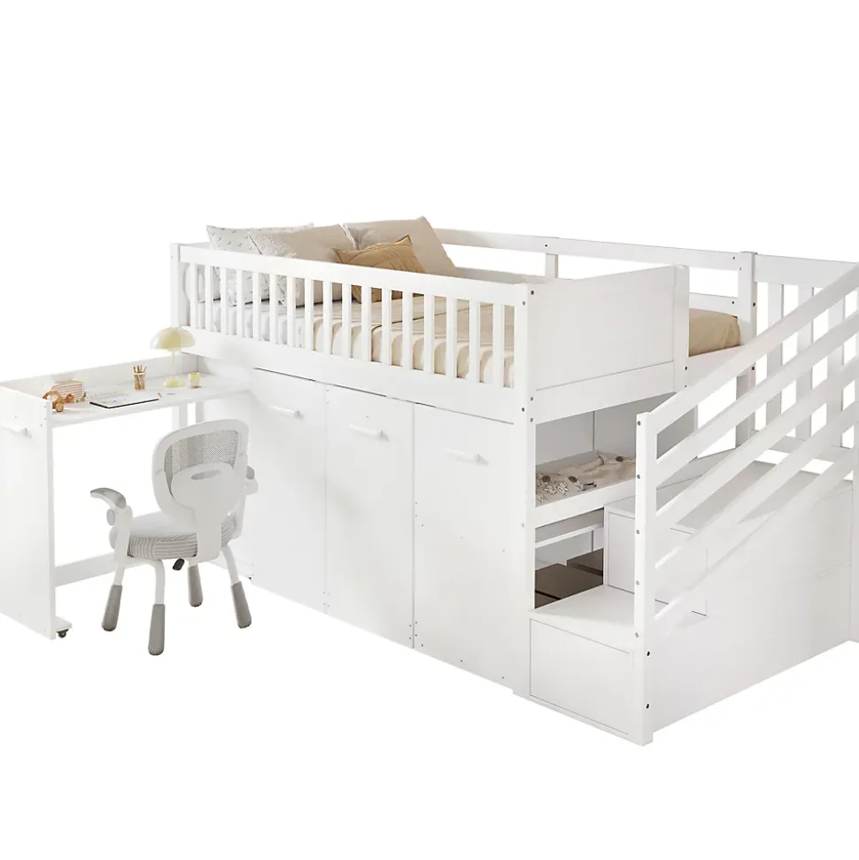 Lit superposé multifonction avec bureau armoire 2 casiers échelle garde-corps pin MDF blanc 90x200