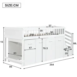 Lit superposé multifonction avec bureau armoire 2 casiers échelle garde-corps pin MDF blanc 90x200