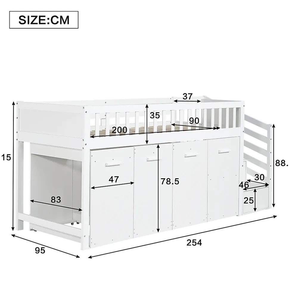 Lit superposé multifonction avec bureau armoire 2 casiers échelle garde-corps pin MDF blanc 90x200