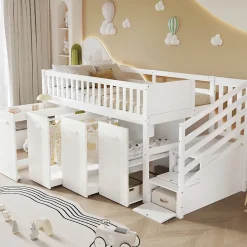 Lit superposé multifonction avec bureau armoire 2 casiers échelle garde-corps pin MDF blanc 90x200