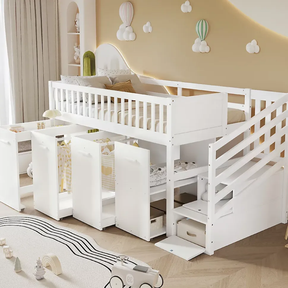 Lit superposé multifonction avec bureau armoire 2 casiers échelle garde-corps pin MDF blanc 90x200