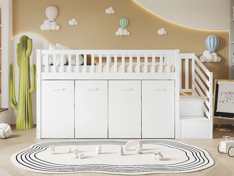 Lit superposé multifonction avec bureau armoire 2 casiers échelle garde-corps pin MDF blanc 90x200