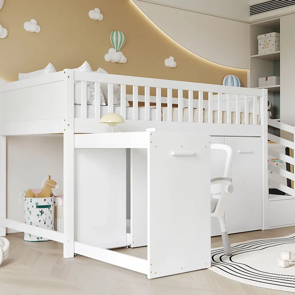 Lit superposé multifonction avec bureau armoire 2 casiers échelle garde-corps pin MDF blanc 90x200