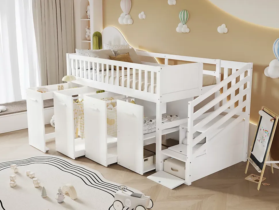 Lit superposé multifonction avec bureau armoire 2 casiers échelle garde-corps pin MDF blanc 90x200