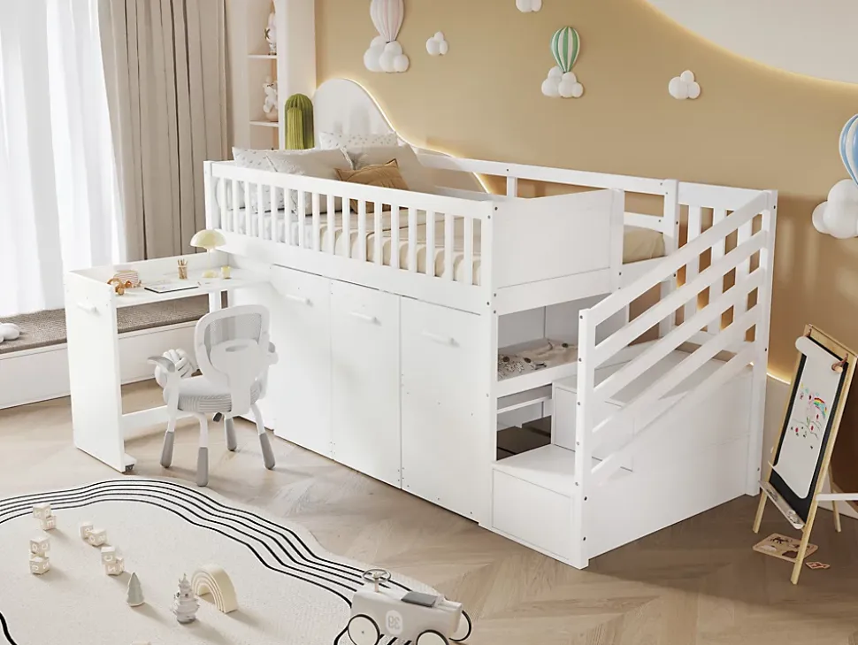 Lit superposé multifonction avec bureau armoire 2 casiers échelle garde-corps pin MDF blanc 90x200