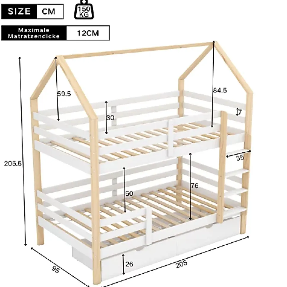 Lit superposé pour enfant 90x200cm - Lit cabane - avec 2 grands tiroirs - Bois massif - Blanc + Naturel (sans matelas)