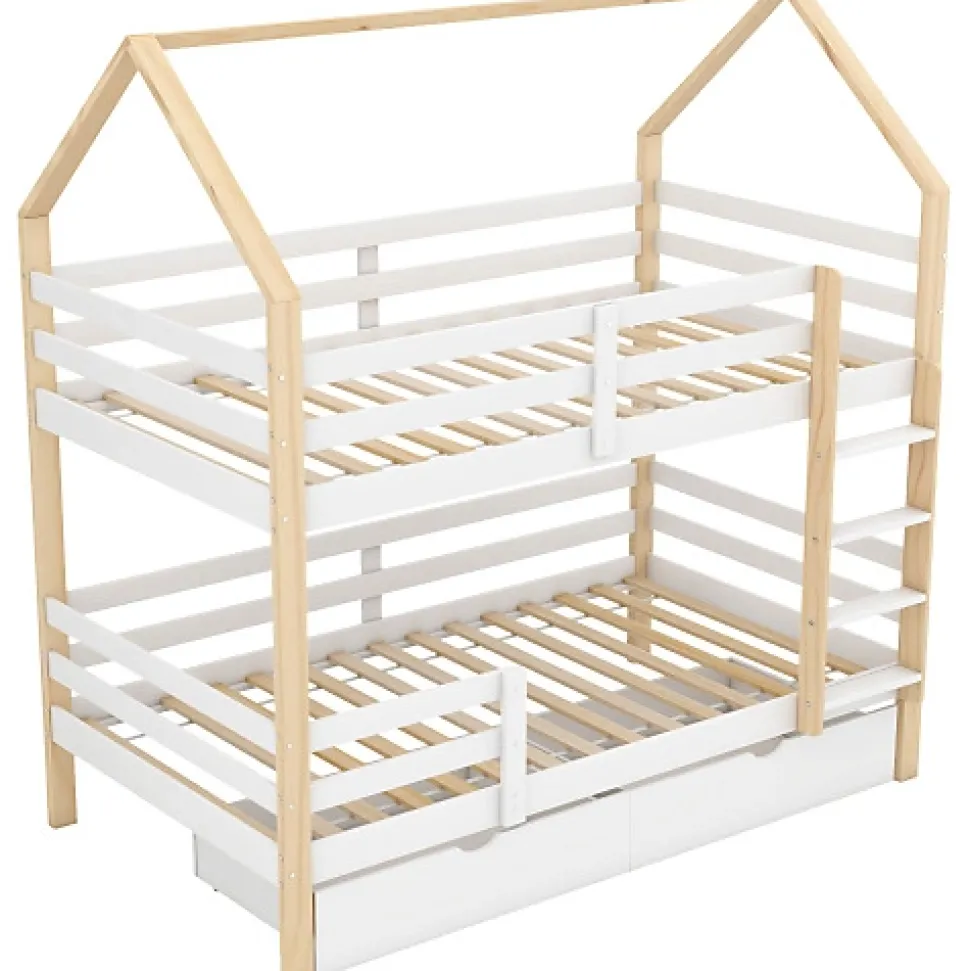Lit superposé pour enfant 90x200cm - Lit cabane - avec 2 grands tiroirs - Bois massif - Blanc + Naturel (sans matelas)