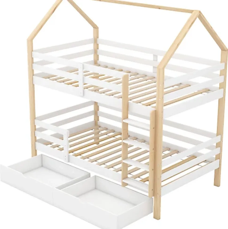 Lit superposé pour enfant 90x200cm - Lit cabane - avec 2 grands tiroirs - Bois massif - Blanc + Naturel (sans matelas)